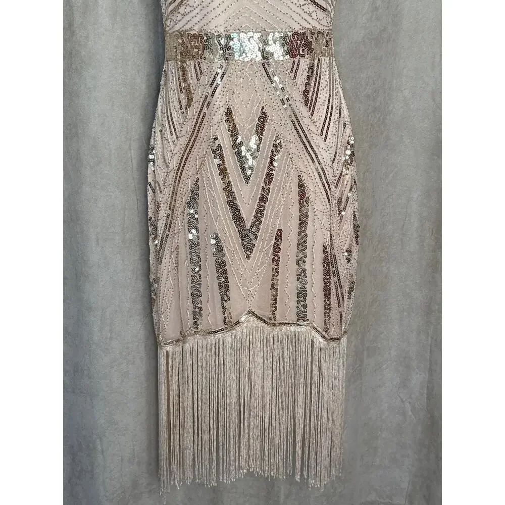 Unique Vintage Blush Pink Sequin Fringe V Neck Flapper Dress M NWOT - Picture 4 of 8